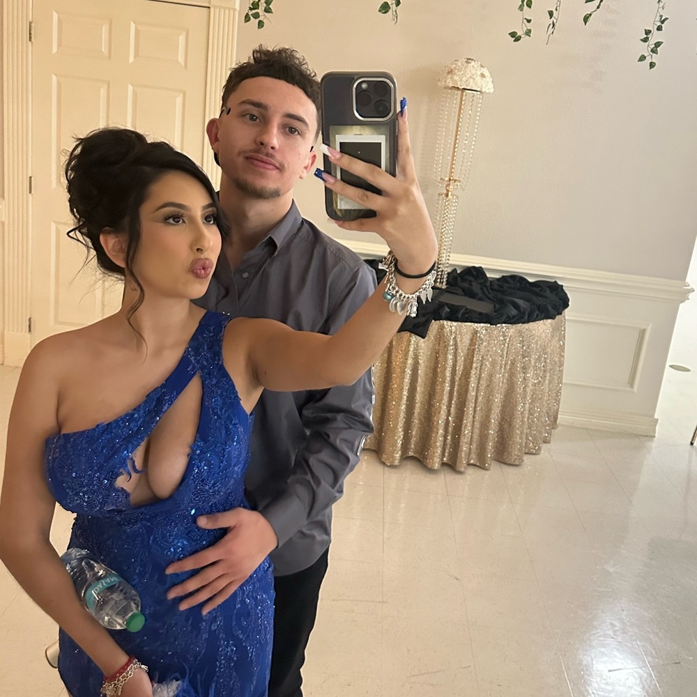 Sparkly one shoulder blue pageant evening gown, prom dress, or formal dress